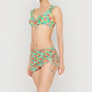Forever 21 Swim Women Sz L Floral Swim Cover-Bottom Sarong Skirt Green Yellow